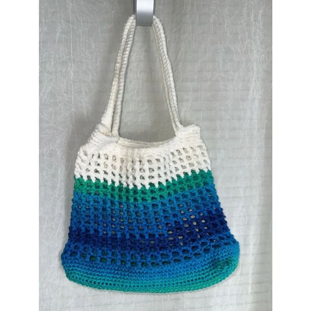 Handmade Crochet White Shades of Blue Green Small Fishnet Market Tote